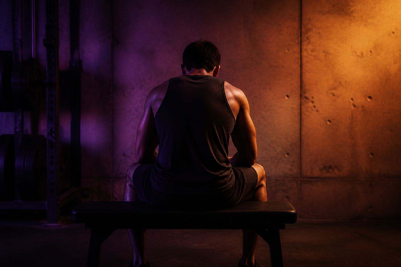 Un sportif musclé, vu de dos et sans visage identifiable, assis seul sur un banc de musculation pendant une pause entre deux séries ; le mur en béton derrière lui s’éclaire d’un dégradé de lumière violet à orange.