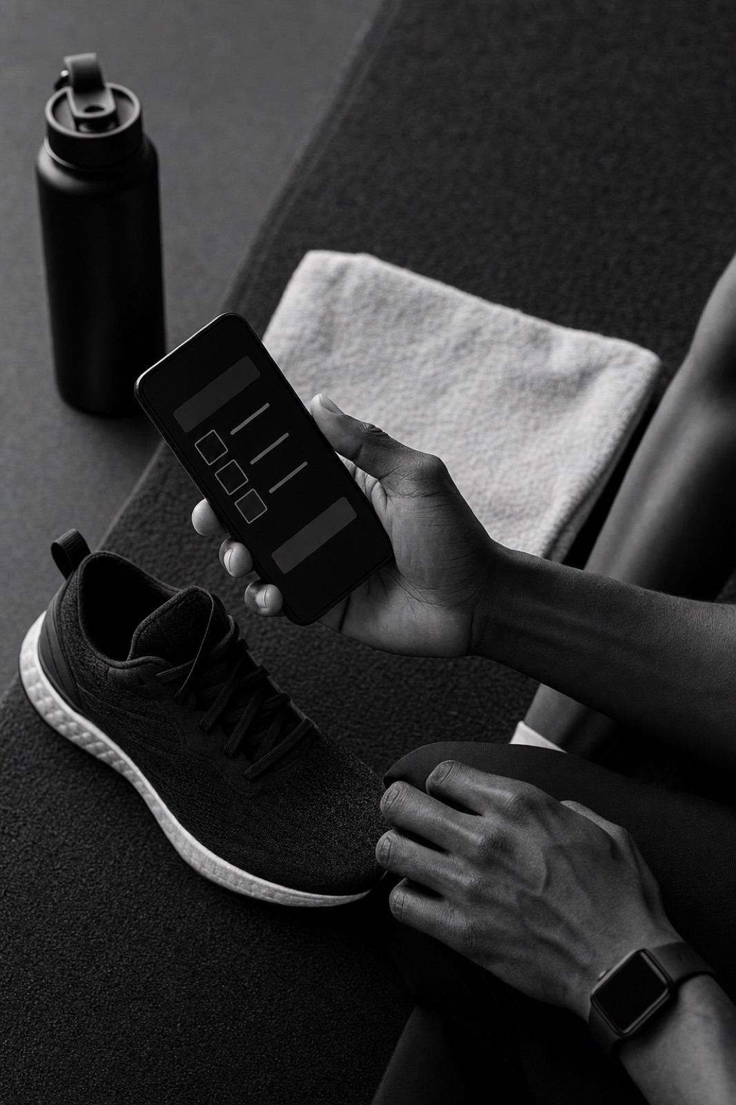 Les mains d’un sportif tiennent un téléphone affichant une courte liste à cocher, avant la séance, près d’une chaussure, d’une serviette et d’une gourde.